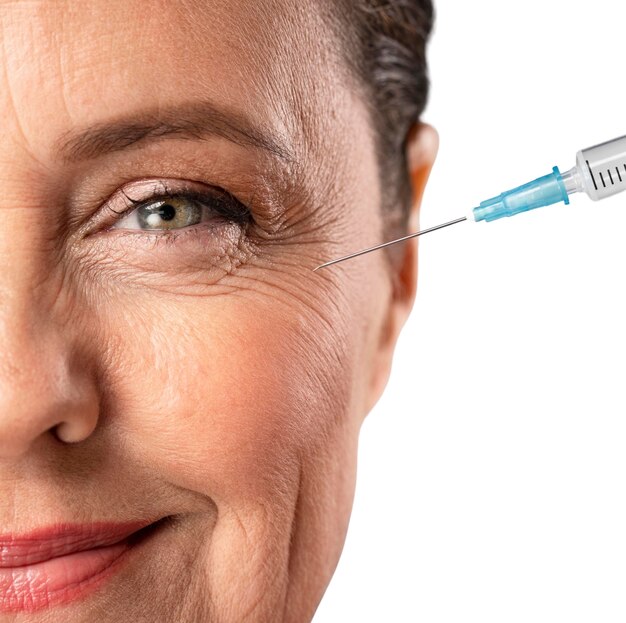Senior woman avec une seringue pour la peau