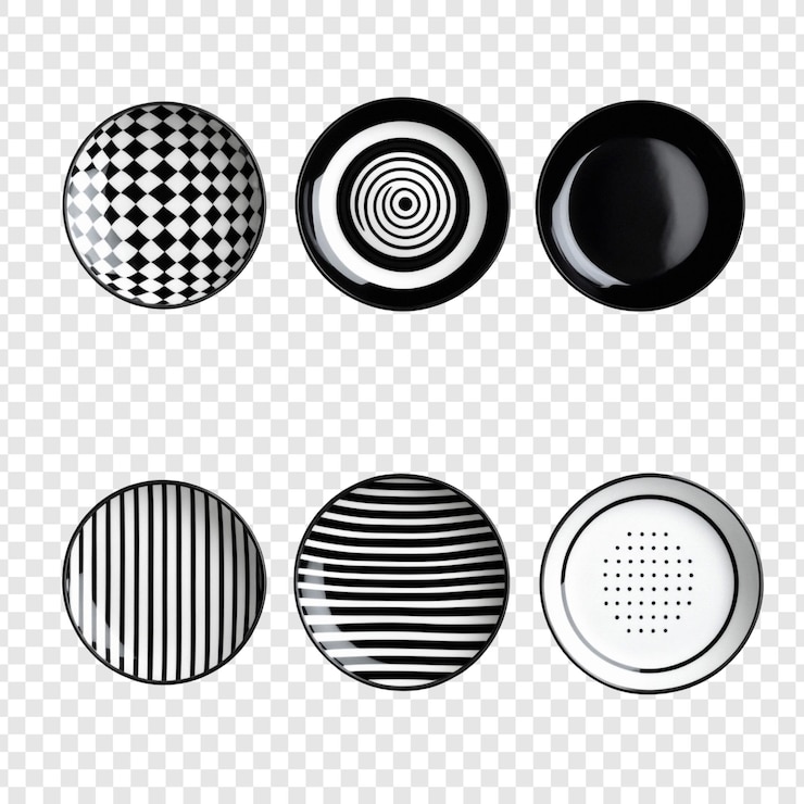 PSD gratuit six plaques de céramique élégantes en noir et blanc avec des dessins uniques