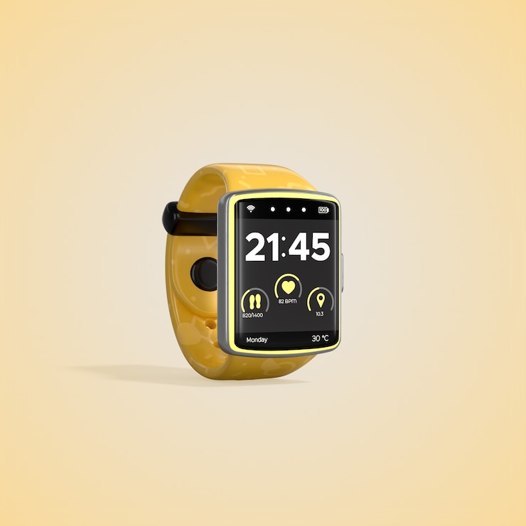 PSD gratuit smartwatch avec une sangle jaune affichant les mesures du temps et de la santé