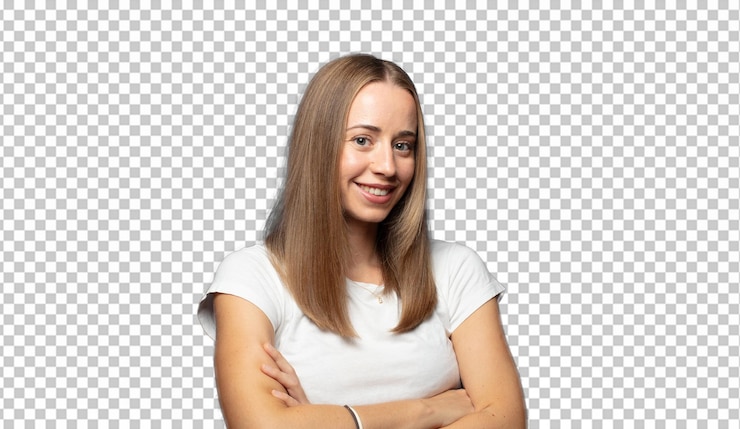 PSD gratuit souriant à la caméra avec les bras croisés et une expression heureuse confiante satisfaite vue latérale