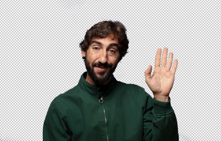 PSD gratuit en souriant joyeusement et joyeusement en agitant la main en vous accueillant et en vous saluant ou en vous disant au revoir