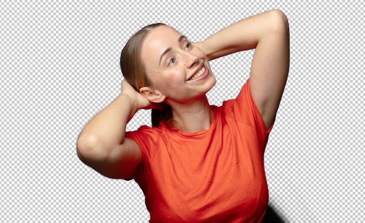 PSD gratuit souriant et se sentant détendu satisfait et insouciant riant positivement et refroidissant