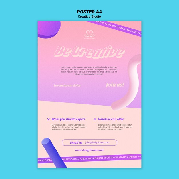 Soyez un modèle d'affiche verticale de studio de design créatif avec des formes 3d
