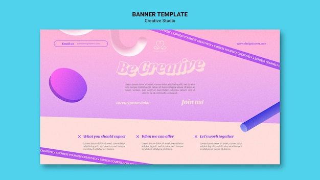 PSD gratuit soyez un modèle de bannière horizontale de studio de design créatif avec des formes 3d