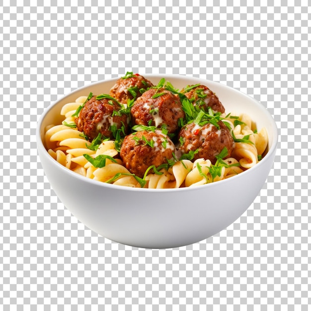 spaghettis avec boulettes de viande et sauce tomate dans un bol en gros plan isolé sur un fond transparent