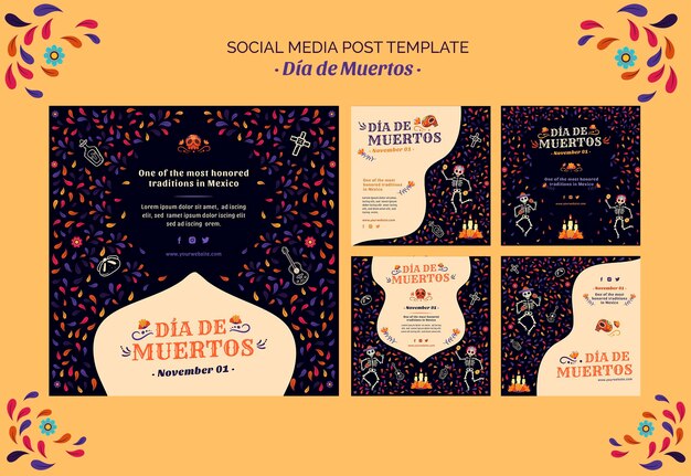 Squelette et confettis dia de muertos publication sur les réseaux sociaux