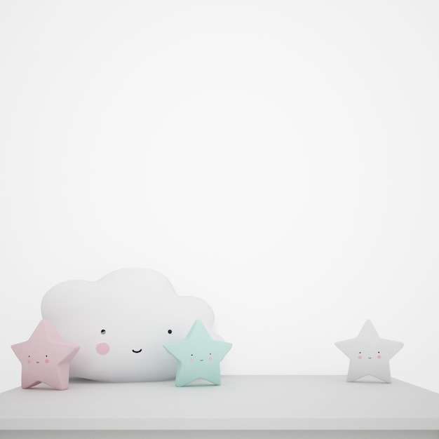 Table blanche décorée d'objets pour enfants, de nuages kawaii et d'étoiles