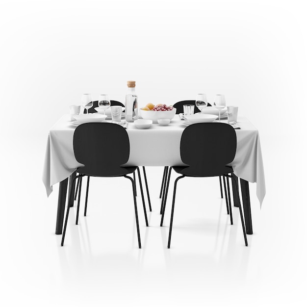 Table avec nappe, vaisselle et chaises
