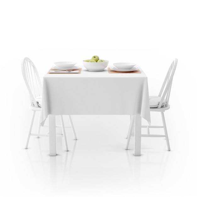 Table avec nappe, vaisselle et chaises