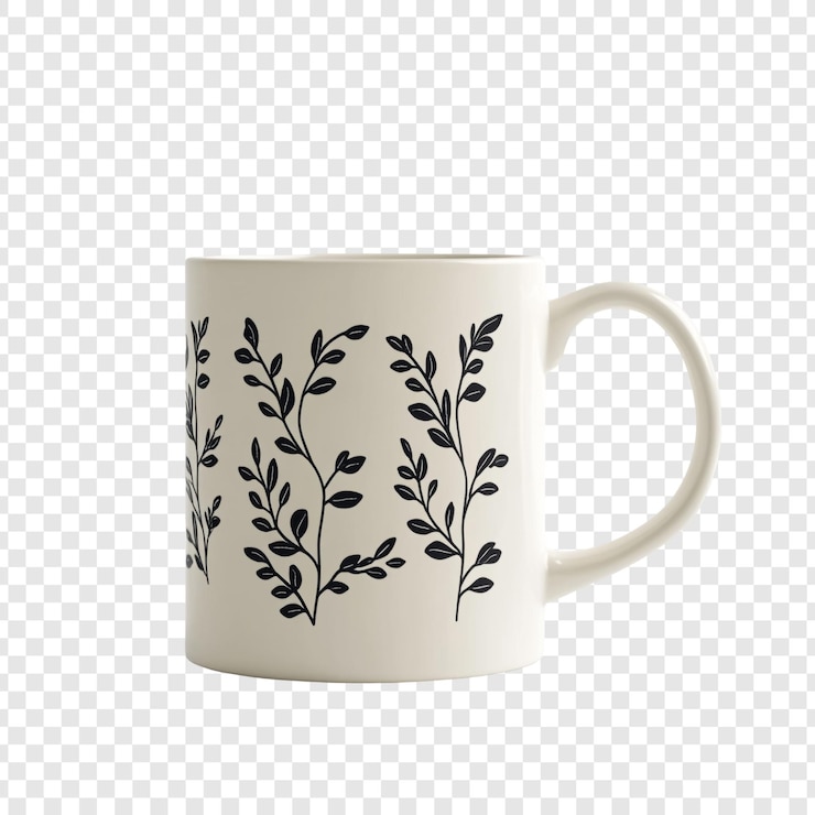 PSD gratuit une tasse botanique élégante une tasse blanche crémeuse avec un design de feuille foncée