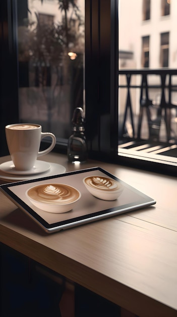 PSD gratuit une tasse de café avec de l'art latte sur une table en bois dans un café