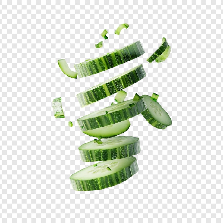PSD gratuit des tranches de concombres verts vibrants tombant en l'air concept de fraîcheur et de santé