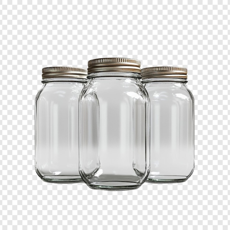 PSD gratuit trois jarres de verre vides avec des couvertures d'argent sur un fond blanc