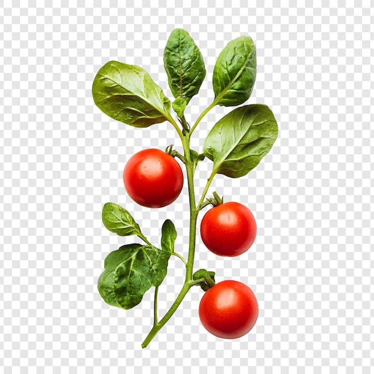PSD gratuit trois tomates rouges sur la vigne avec des feuilles vertes luxuriantes