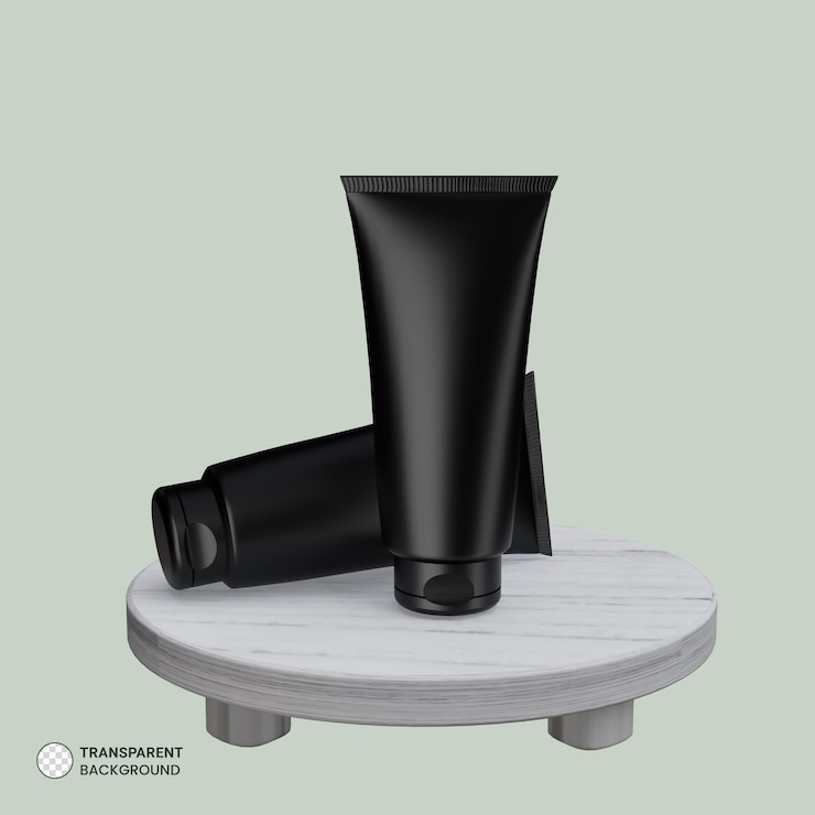 PSD gratuit tube crème noir avec icône sur podium en bois rond