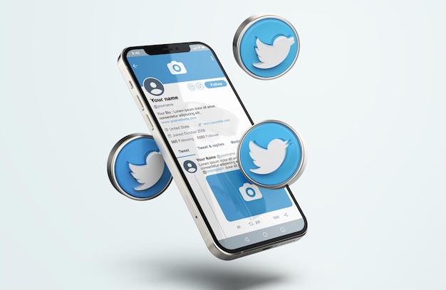 Twitter sur la maquette de téléphone mobile en argent avec des icônes 3d