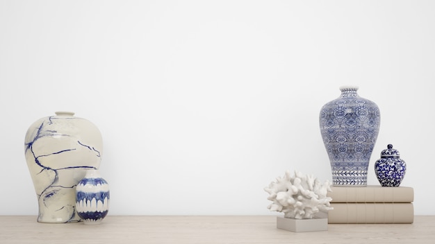 Vases classiques pour la décoration intérieure et mur blanc avec fond
