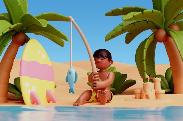 PSD gratuit vue 3d du personnage à la plage en été