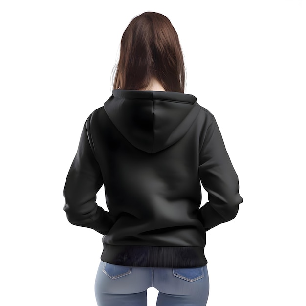 PSD gratuit vue arrière d'une femme en sweat-shirt noir et jeans sur fond blanc