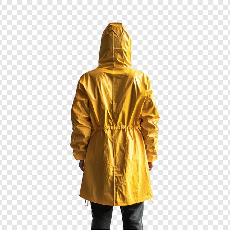 PSD gratuit vue arrière d'une personne portant un imperméable jaune isolé sur un fond transparent le imperméable est long avec une cape et serré à la taille