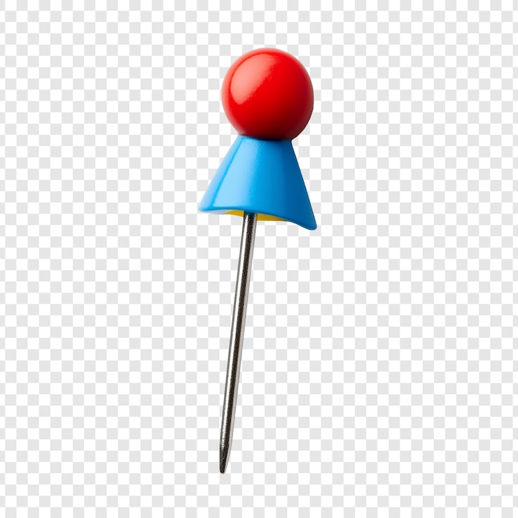 PSD gratuit vue rapprochée d'une épingle de poussée colorée avec une tête de boule rouge et une base conique bleue isolée sur un fond transparent