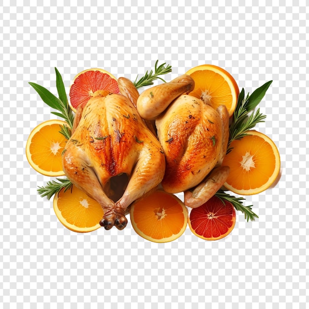 PSD gratuit vue supérieure d'oranges et de légumes de poulet rôtis isolés sur un fond transparent