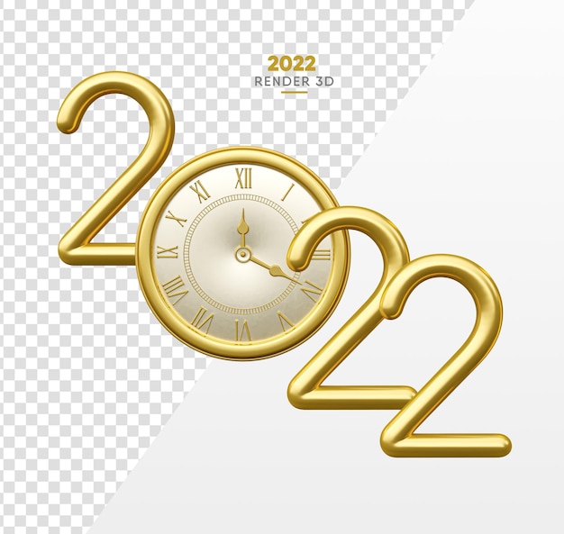2022 em renderização 3d dourada com relógio realista em fundo transparente