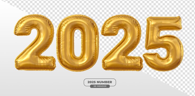 PSD grátis 2025 números de balão dourado em renderização 3d para decorações festivas e de festas com fundo transparente