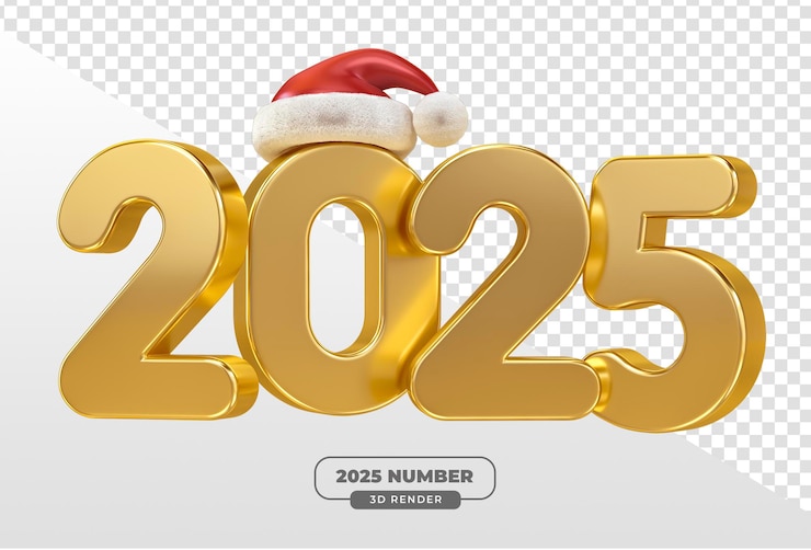 PSD grátis 2025 números dourados com chapéu de papai noel em 3d render com fundo transparente