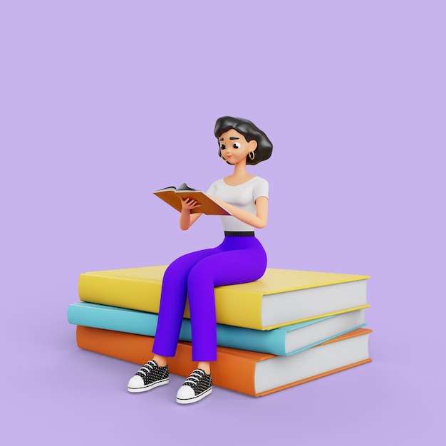 3D mulher sentada em livros e lendo