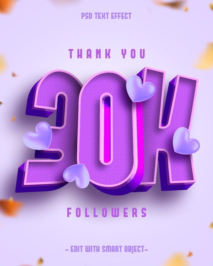 PSD grátis 3d obrigado 30k seguidores efeito de texto editável
