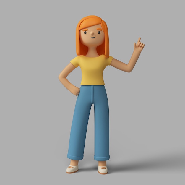 3D personagem feminina apontando para cima