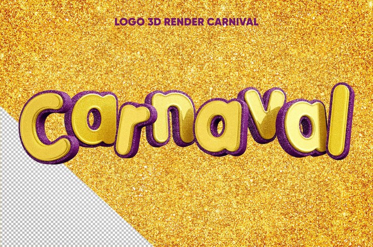 PSD grátis 3d renderizar logotipo de carnaval com textura realista de brilho amarelo com violeta