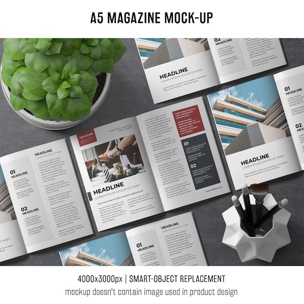 A5 revista mockup com planta de manjericão