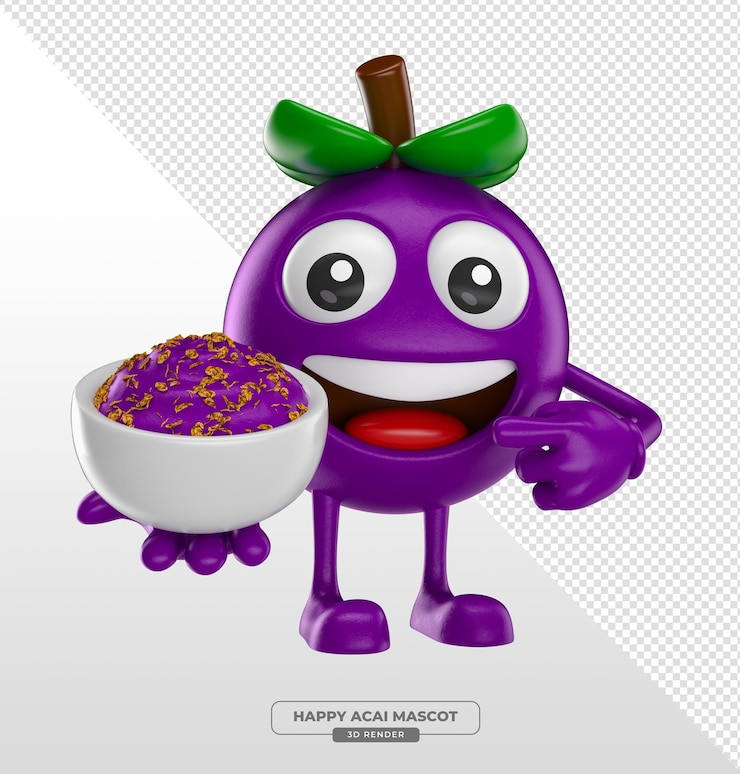 PSD grátis acai berry character with bowl of smoothie 3d render com fundo transparente