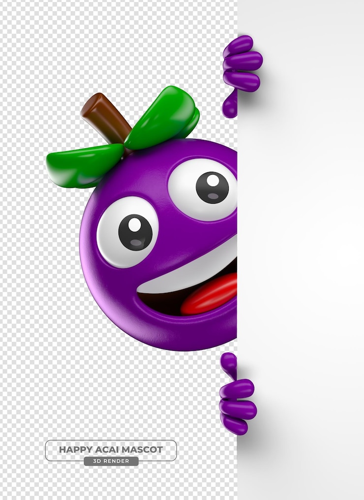 PSD grátis acai berry mascot peeking over edge renderização 3d de desenho animado com fundo transparente