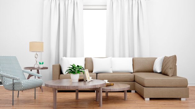 Aconchegante sala de estar com sofá marrom, mesa central e janela grande