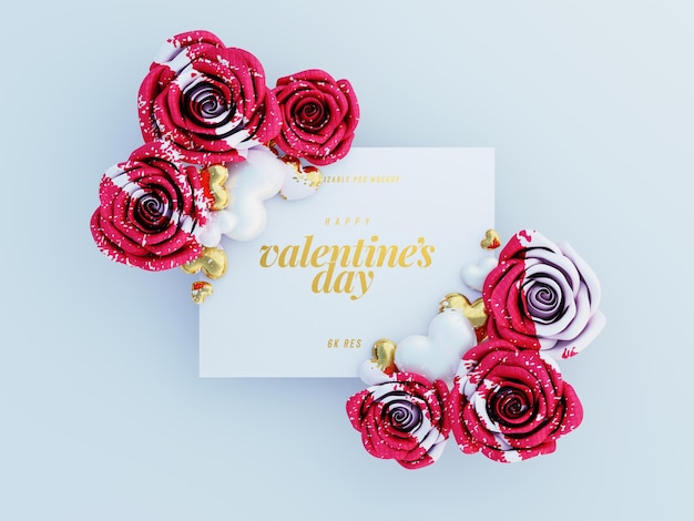PSD grátis adorável maquete de cartão de cumprimentos decorado com rosas fofas e corações de amor cena de vista superior