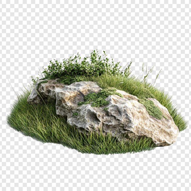 Afloramento rochoso coberto de grama verde exuberante e plantas renderizado em 3D isolado em fundo branco