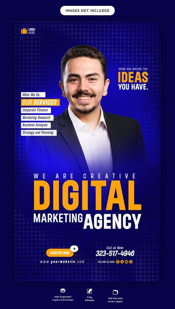 Agência de marketing digital e modelo de história corporativa do Facebook e do Instagram