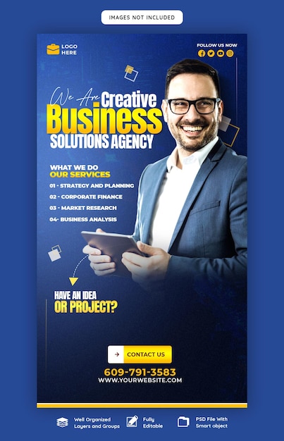 Agência de marketing digital e modelo de história corporativa no Facebook e Instagram