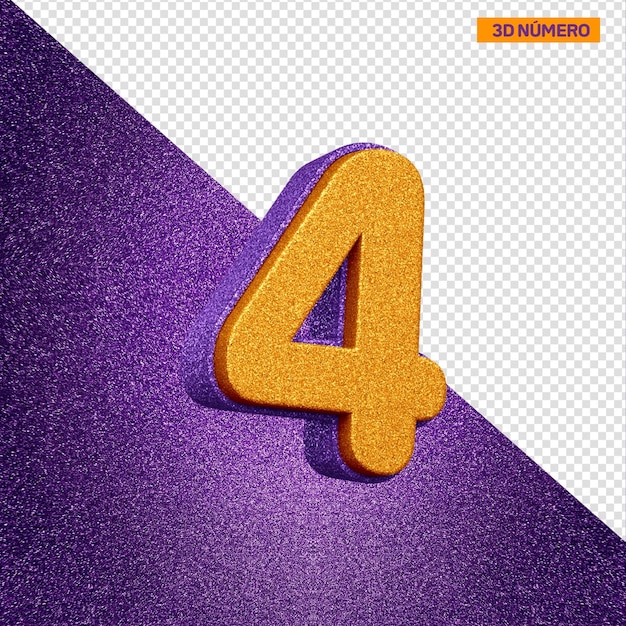 PSD grátis alfabeto 3d número 4 com textura de glitter laranja e violeta