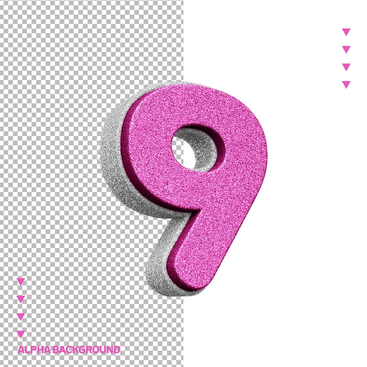 PSD grátis alfabeto 3d número 9 rosa com textura de brilho branco