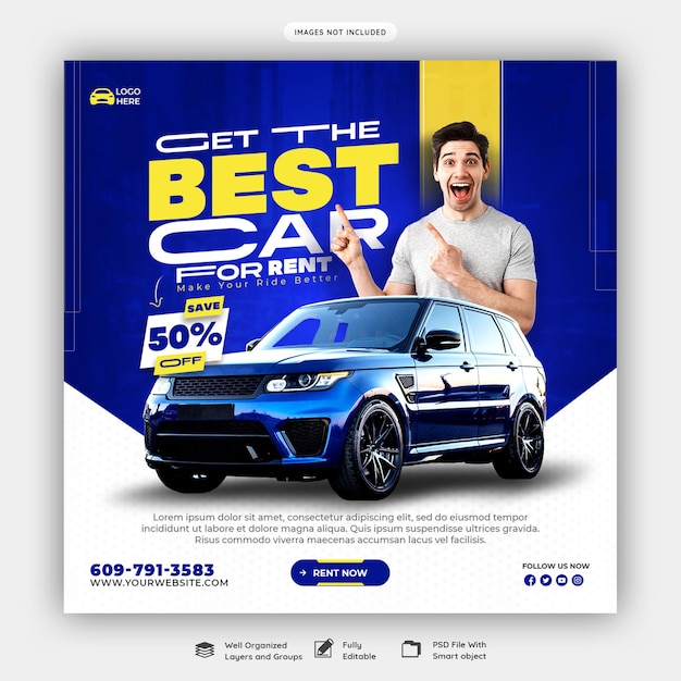 Aluguel de carros e banner de mídia social automotiva ou modelo de postagem no instagram