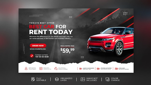 Aluguel de carros venda promoção web banner modelo de mídia social em modelo de fundo moderno