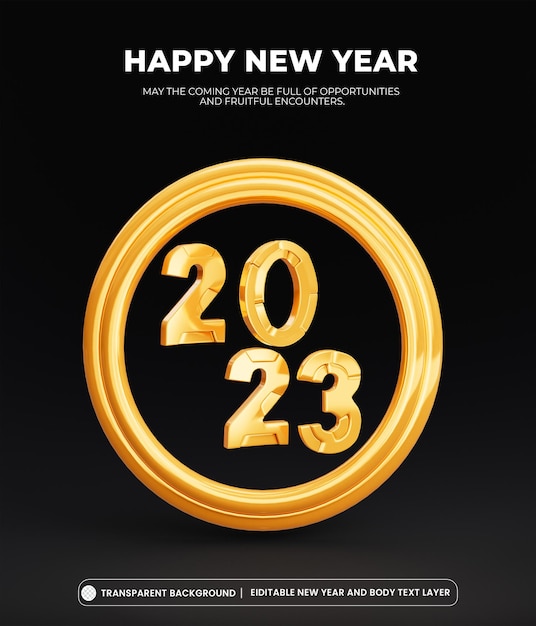 Ano novo 2023 ilustração 3d de feliz ano novo ouro e cores pretas