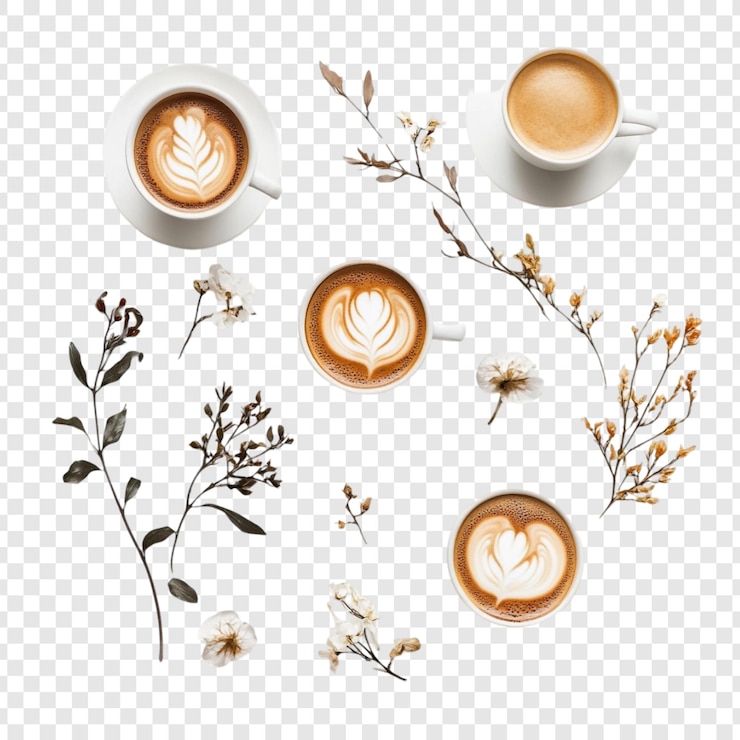 PSD grátis arte do latte e composição floral uma deliciosa pausa para o café