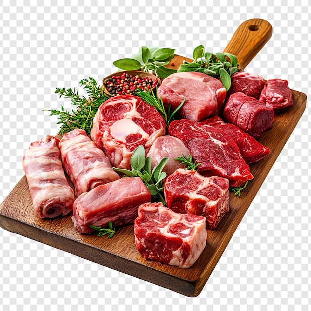 Assortimento de cortes de carne crua em tábua de madeira