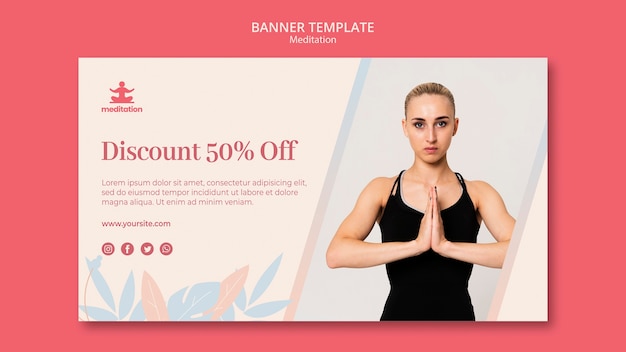 Aulas de meditação banner modelo com foto de mulher exercitando