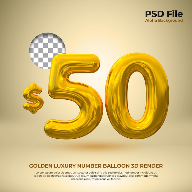 Balão 3d realista número 50 dólares psd premium de luxo dourado Psd Premium